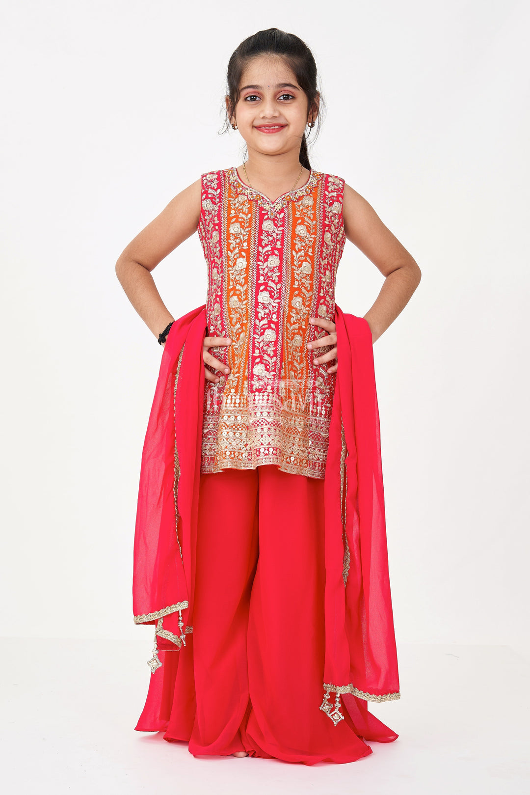 The Nesavu Girls Sharara / Plazo Set Girls Sharara Design in Red Georgette with Sequined Sleeveless Top and Matching Dupatta Nesavu Girls Red Sharara Design Set Georgette Flared Pants Embroidered Sleeveless Top | The Nesavu