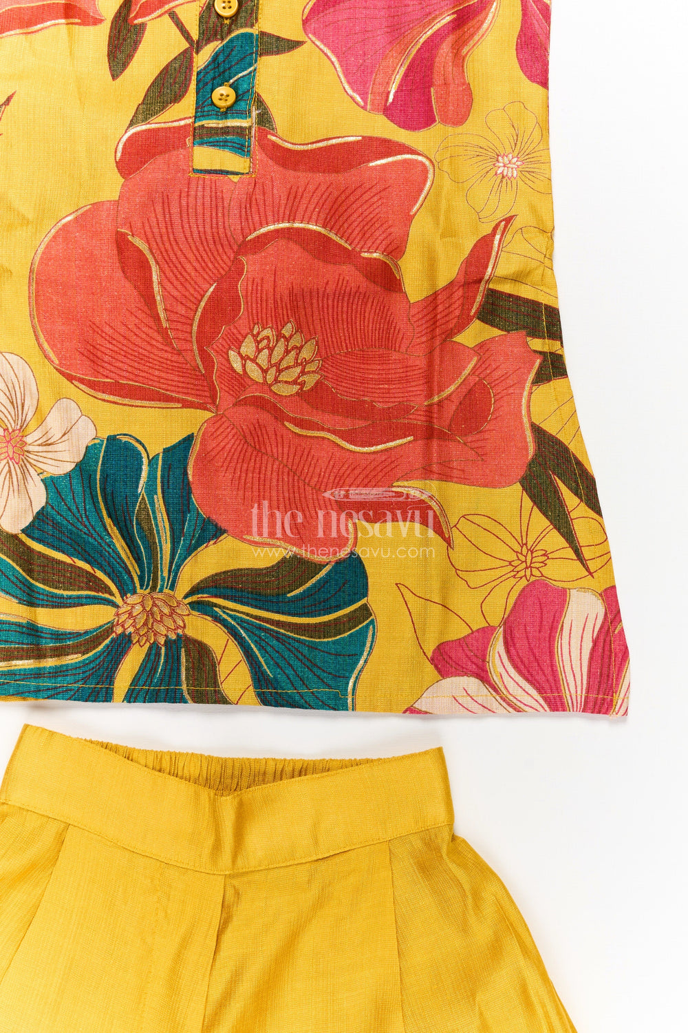 The Nesavu Girls Co-Ord Sets Girls Sharara Dress Set in Mustard Cotton Blend with Digital Printed Sleeveless Kurti and Wide Pants Nesavu Girls Mustard Sharara Dress Cotton Blend Floral Printed Kurti Flared Pants | The Nesavu
