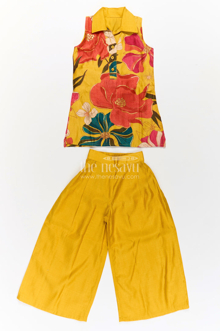 The Nesavu Girls Co-Ord Sets Girls Sharara Dress Set in Mustard Cotton Blend with Digital Printed Sleeveless Kurti and Wide Pants Nesavu Girls Mustard Sharara Dress Cotton Blend Floral Printed Kurti Flared Pants | The Nesavu