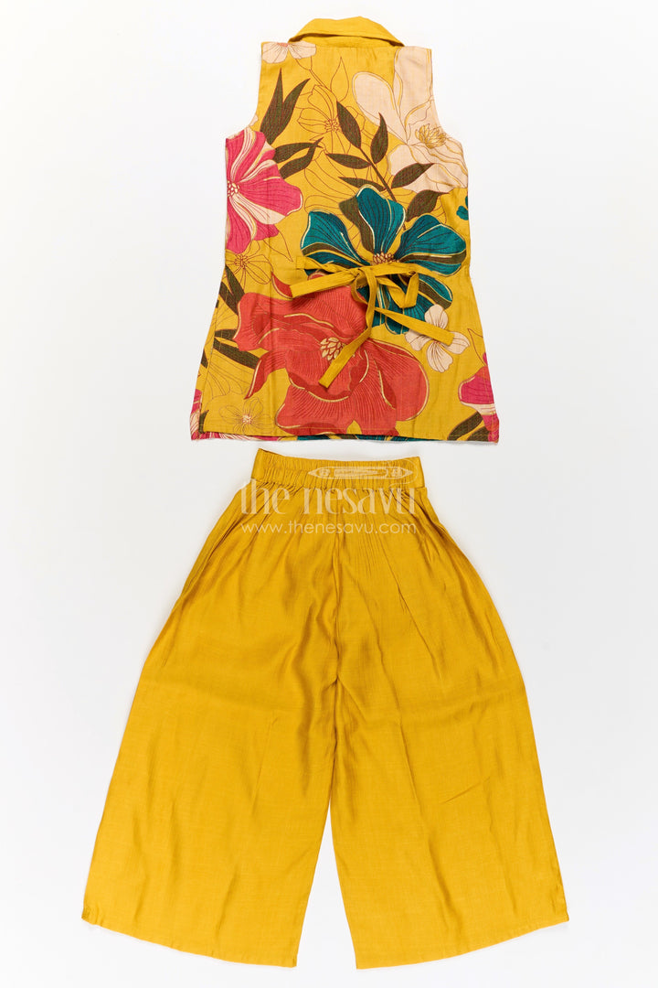The Nesavu Girls Co-Ord Sets Girls Sharara Dress Set in Mustard Cotton Blend with Digital Printed Sleeveless Kurti and Wide Pants Nesavu Girls Mustard Sharara Dress Cotton Blend Floral Printed Kurti Flared Pants | The Nesavu