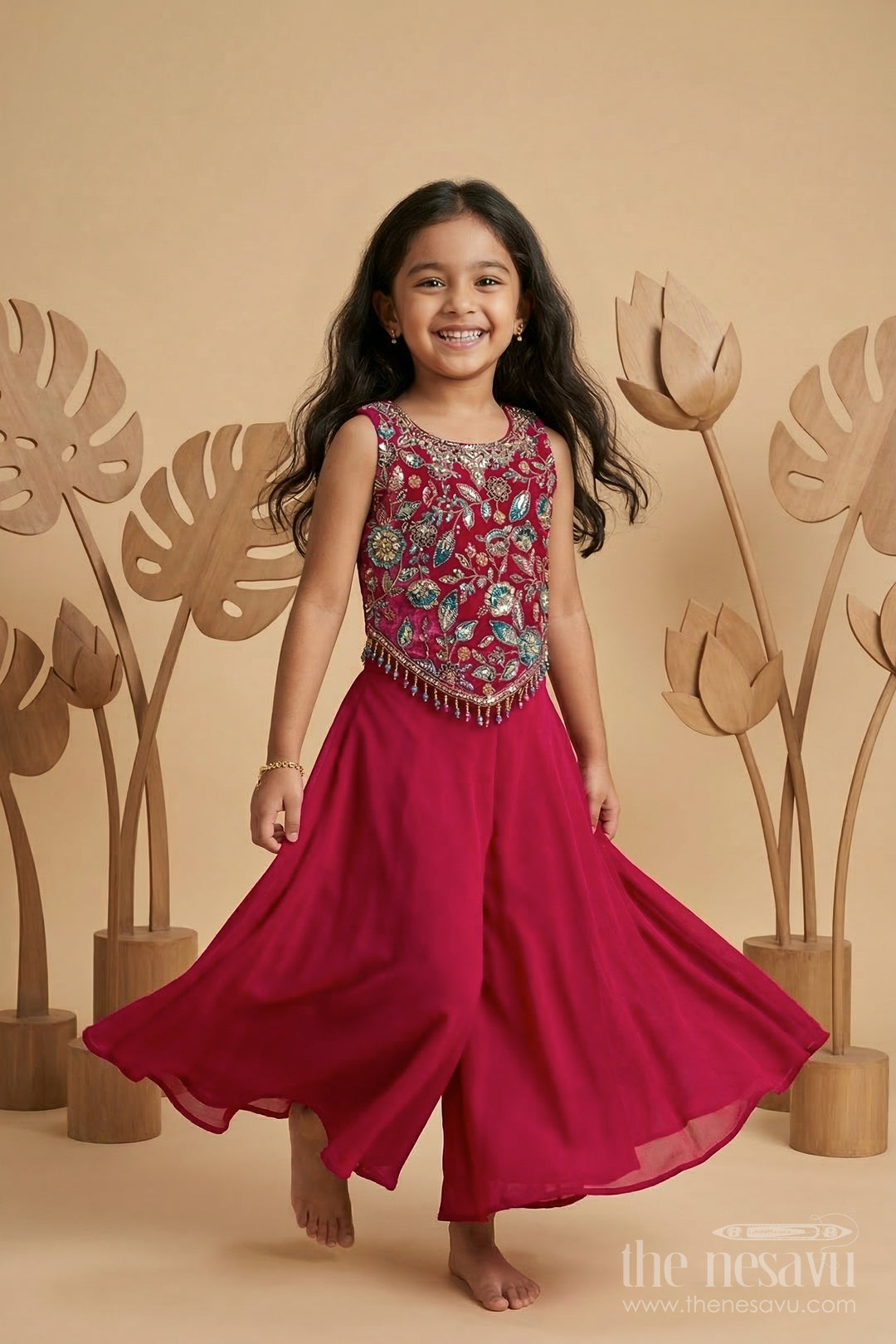 The Nesavu Girls Sharara / Plazo Set Girls Sharara for Festive Celebrations and Family Events Nesavu 18 (2Y) / Pink / Georgette GPS993A-18 Nesavu girls sharara set for festive celebrations and weddings georgette outfit with designer yoke