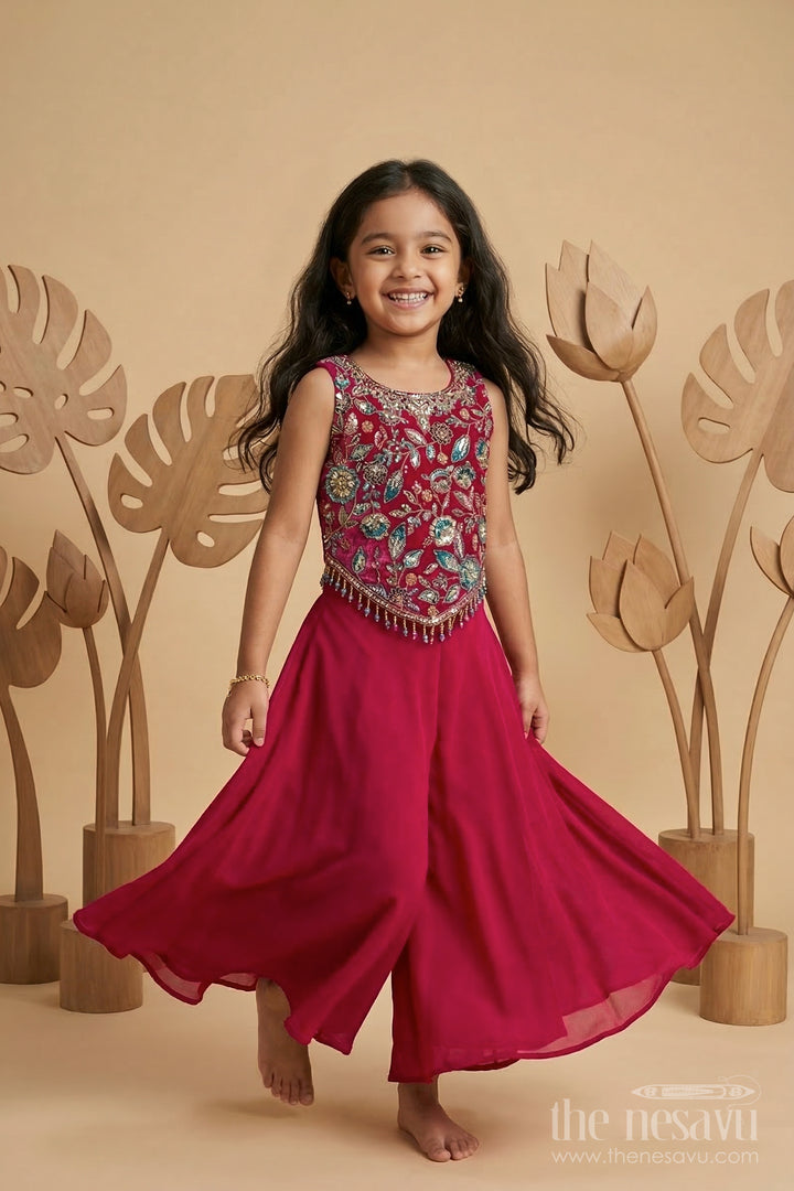The Nesavu Girls Sharara / Plazo Set Girls Sharara for Festive Celebrations and Family Events Nesavu 18 (2Y) / Pink / Georgette GPS993A-18 Nesavu girls sharara set for festive celebrations and weddings georgette outfit with designer yoke