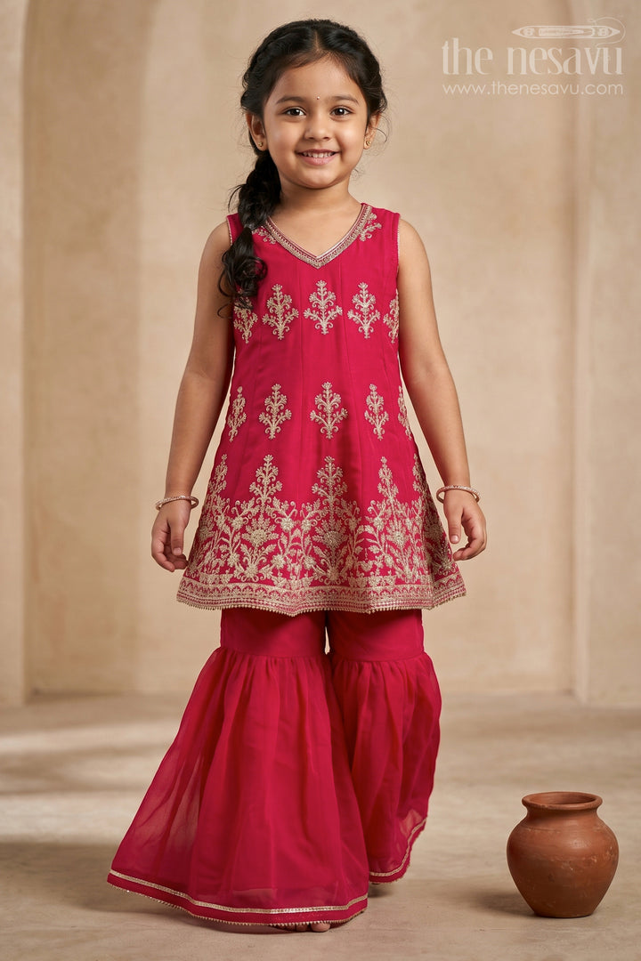 The Nesavu Girls Sharara / Plazo Set Girls Sharara for Wedding Functions and Festive Celebrations Nesavu 22 (4Y) / Pink / Viscose GPS1057A-22 Nesavu Girls Sharara Set With Embroidery For Wedding Functions And Festive Wear In Soft Viscose Cotton
