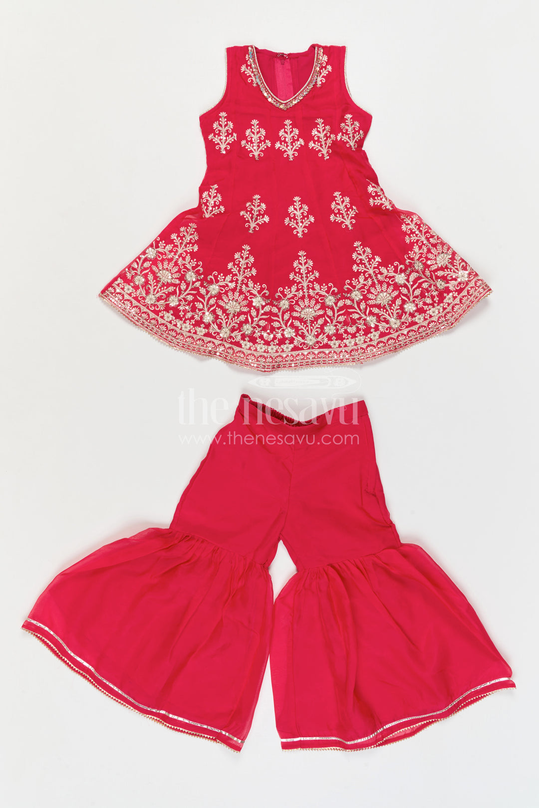 The Nesavu Girls Sharara / Plazo Set Girls Sharara for Wedding Functions and Festive Celebrations Nesavu Nesavu Girls Sharara Set With Embroidery For Wedding Functions And Festive Wear In Soft Viscose Cotton