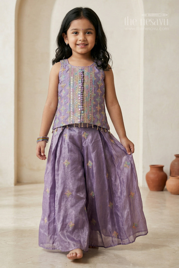 The Nesavu Girls Sharara / Plazo Set Girls Sharara for Weddings and Festive Family Gatherings Nesavu 18 (2Y) / Purple / Viscose Silk GPS1000A-18 Nesavu girls viscose silk sharara set for weddings and festive celebrations with designer embroidered yoke