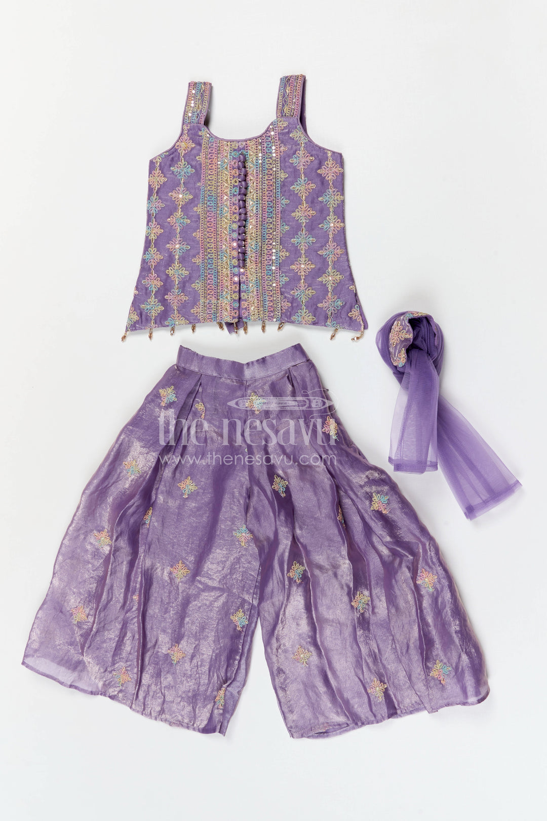 The Nesavu Girls Sharara / Plazo Set Girls Sharara for Weddings and Festive Family Gatherings Nesavu Nesavu girls viscose silk sharara set for weddings and festive celebrations with designer embroidered yoke