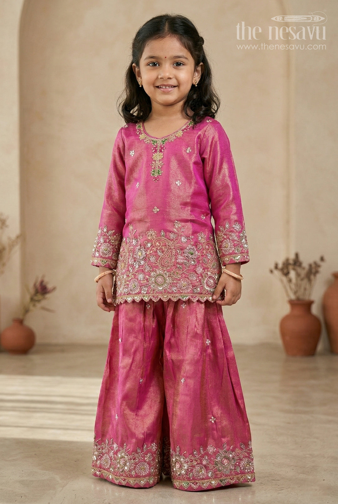 The Nesavu Girls Sharara / Plazo Set Girls Sharara Outfit for Weddings and Festive Celebrations Nesavu 18 (2Y) / Pink / Viscose Silk GPS1030A-18 Nesavu Girls Sharara Outfit For Weddings With Viscose Silk And Designer Embroidery Festive Set