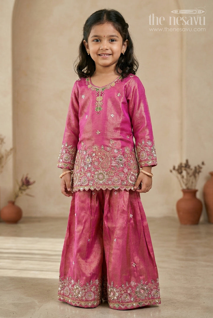 The Nesavu Girls Sharara / Plazo Set Girls Sharara Outfit for Weddings and Festive Celebrations Nesavu 18 (2Y) / Pink / Viscose Silk GPS1030A-18 Nesavu Girls Sharara Outfit For Weddings With Viscose Silk And Designer Embroidery Festive Set