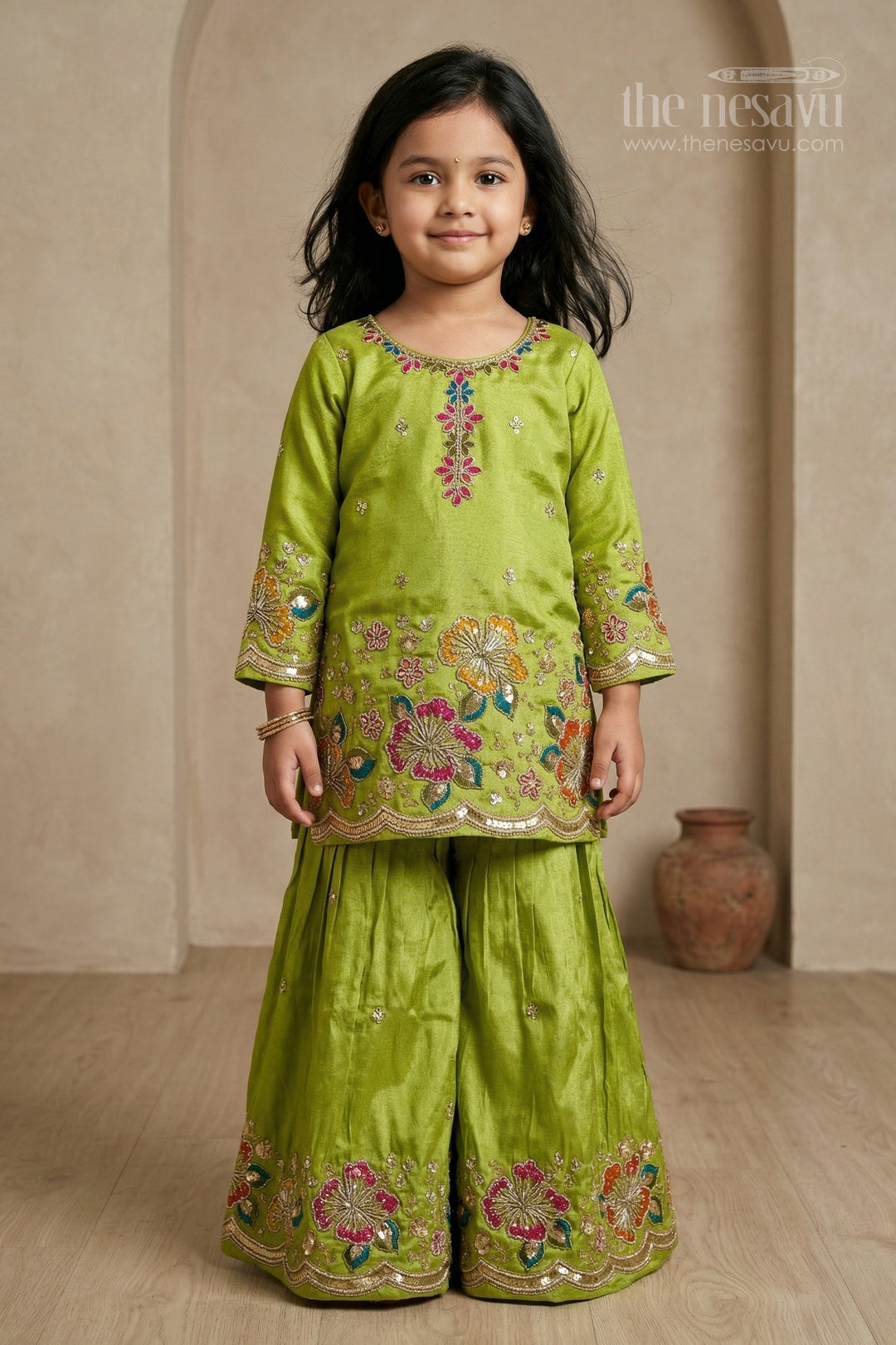 The Nesavu Girls Sharara / Plazo Set Girls Sharara Outfit for Weddings and Festive Family Functions Nesavu 18 (2Y) / Green / Viscose Silk GPS995A-18 Nesavu girls festive sharara set for weddings celebrations viscose silk outfit with designer yoke