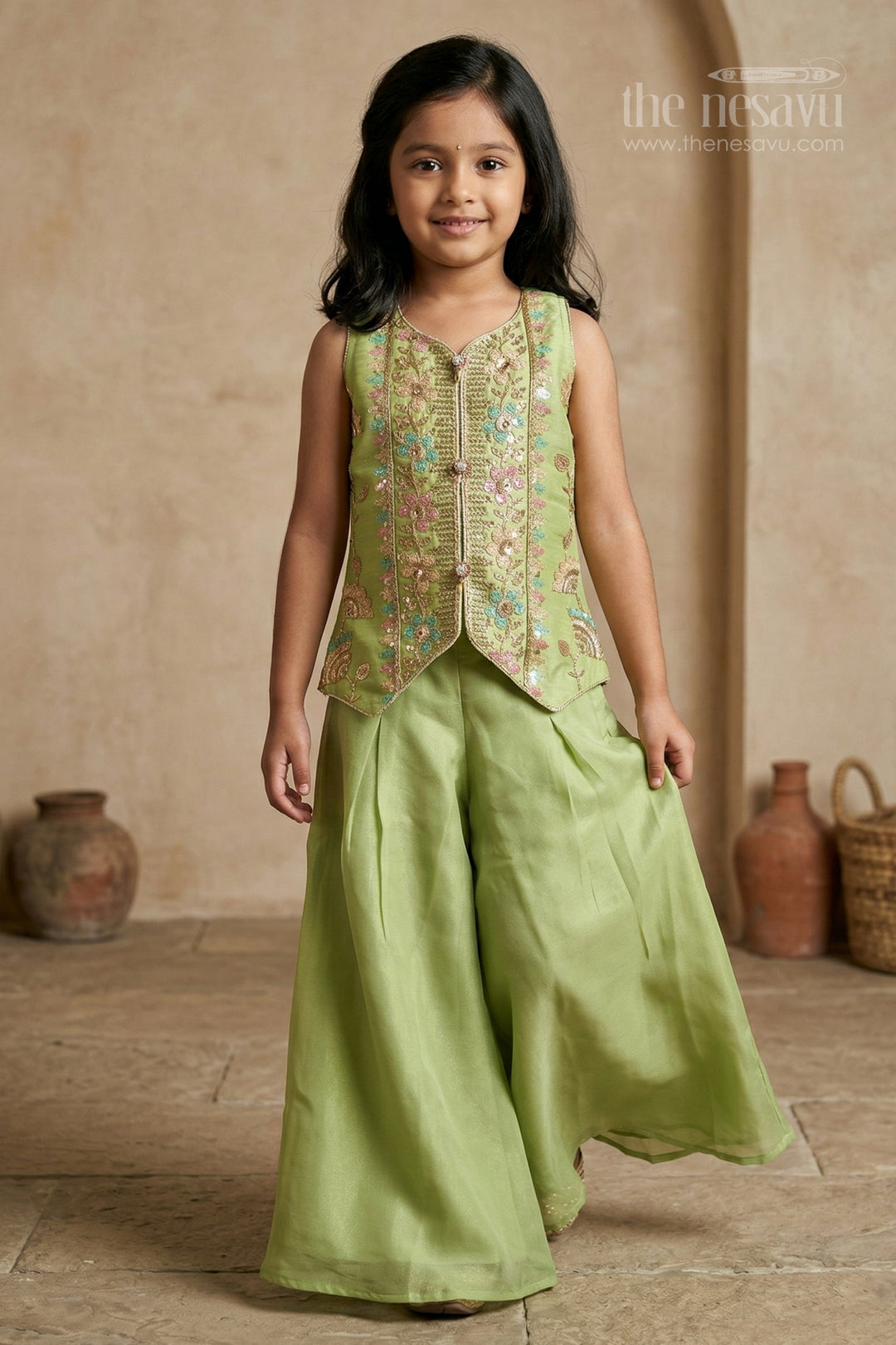 The Nesavu Girls Sharara / Plazo Set Girls Sharara Palazzo Set for Festive Celebrations and Wedding Functions Nesavu 22 (4Y) / Green / Georgette GPS1009A-22 Nesavu girls georgette sharara palazzo set with embroidered yoke for festive and wedding celebrations