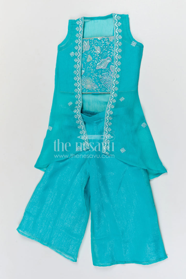 The Nesavu Girls Sharara / Plazo Set Girls Sharara Palazzo Set for Festive Functions and Wedding Events Nesavu Nesavu girls silk crepe sharara palazzo set with designer embroidery for weddings and festive occasions