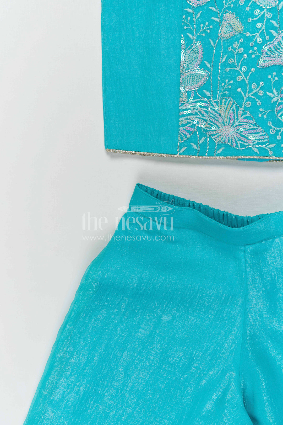 The Nesavu Girls Sharara / Plazo Set Girls Sharara Palazzo Set for Festive Functions and Wedding Events Nesavu Nesavu girls silk crepe sharara palazzo set with designer embroidery for weddings and festive occasions