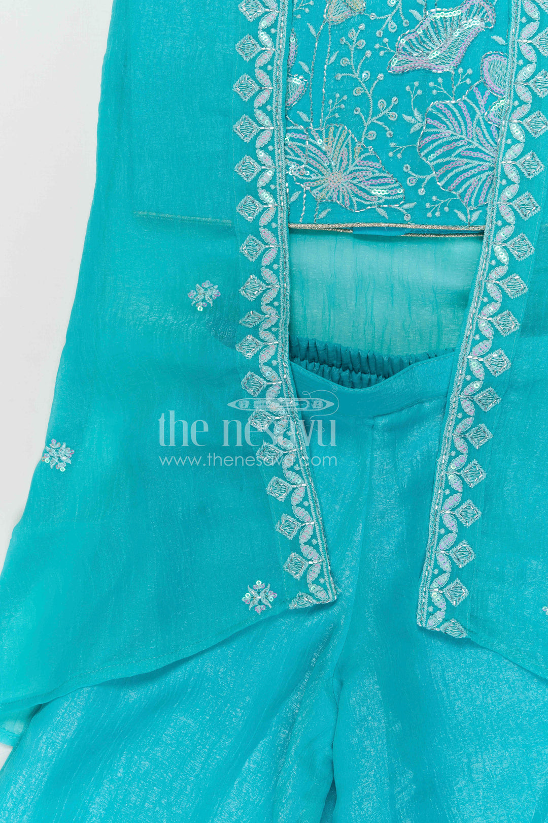 The Nesavu Girls Sharara / Plazo Set Girls Sharara Palazzo Set for Festive Functions and Wedding Events Nesavu Nesavu girls silk crepe sharara palazzo set with designer embroidery for weddings and festive occasions