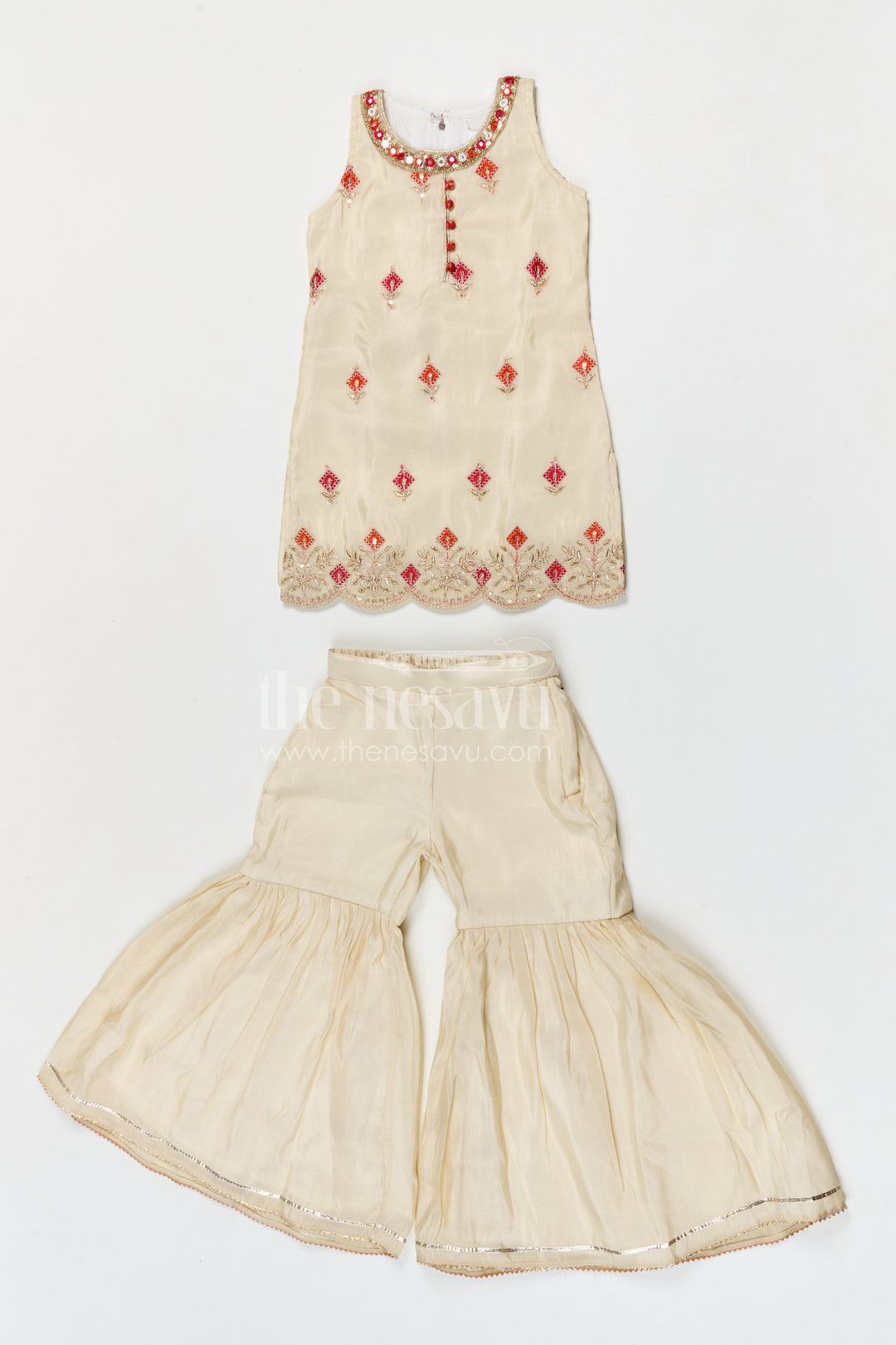 The Nesavu Girls Sharara / Plazo Set Girls Sharara Palazzo Set for Festive Occasions and Wedding Celebrations Nesavu Nesavu girls viscose silk sharara palazzo set with embroidered yoke for festive and wedding occasions