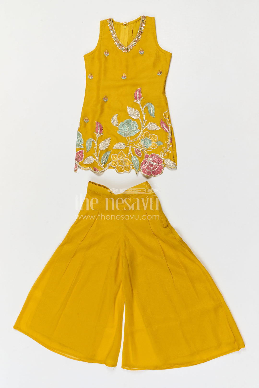 The Nesavu Girls Sharara / Plazo Set Girls Sharara Palazzo Set for Wedding Celebrations and Festive Occasions Nesavu 22 (4Y) / Yellow / Georgette GPS1010A-22 Nesavu girls georgette sharara palazzo set with designer embroidered yoke for weddings and festive occasions
