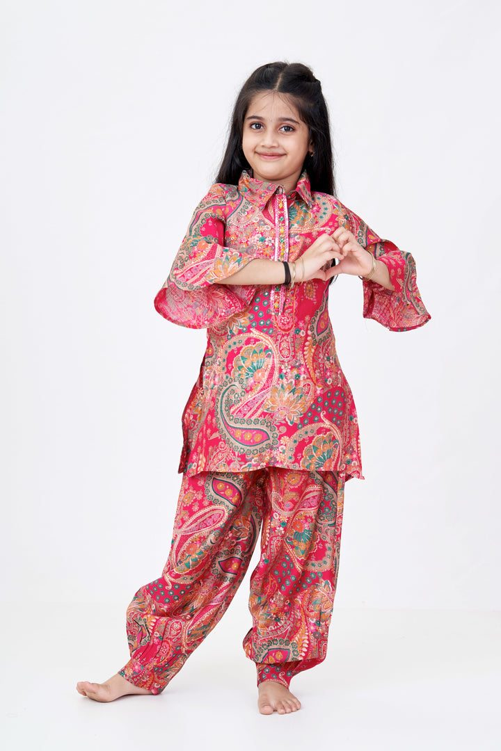 The Nesavu Girls Co-Ord Sets Girls Sharara Pants Set with Paisley Print and Flared Sleeves in Red and Gold Nesavu 24 (5Y) / Pink GPS550A-24 Girls Sharara Pants Set Paisley Print Flared Sleeves Red Gold | The Nesavu