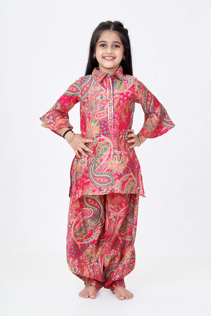 The Nesavu Girls Co-Ord Sets Girls Sharara Pants Set with Paisley Print and Flared Sleeves in Red and Gold Nesavu Girls Sharara Pants Set Paisley Print Flared Sleeves Red Gold | The Nesavu