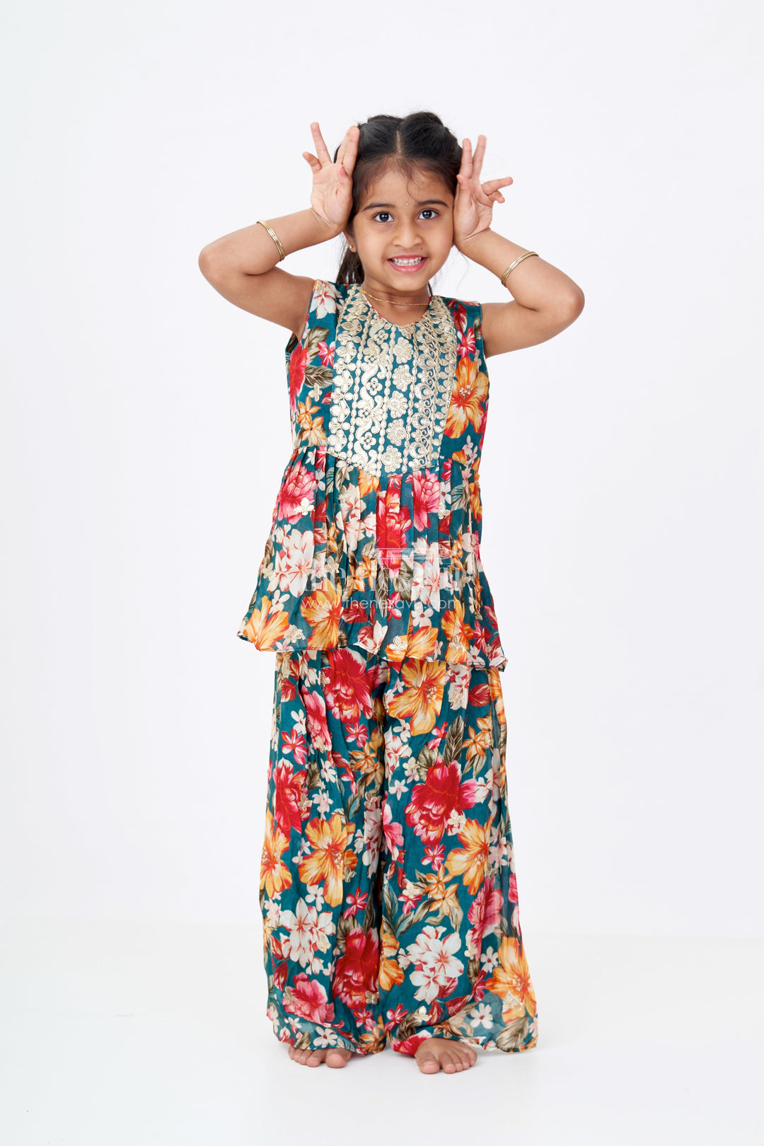 The Nesavu Girls Sharara / Plazo Set Girls Sharara Plazo Set in Floral Georgette with Foil Embroidery and Dupatta Nesavu 16 (1Y) / Green GPS526A-16 Girls Sharara Plazo Set Floral Georgette Print Foil Embroidery | The Nesavu