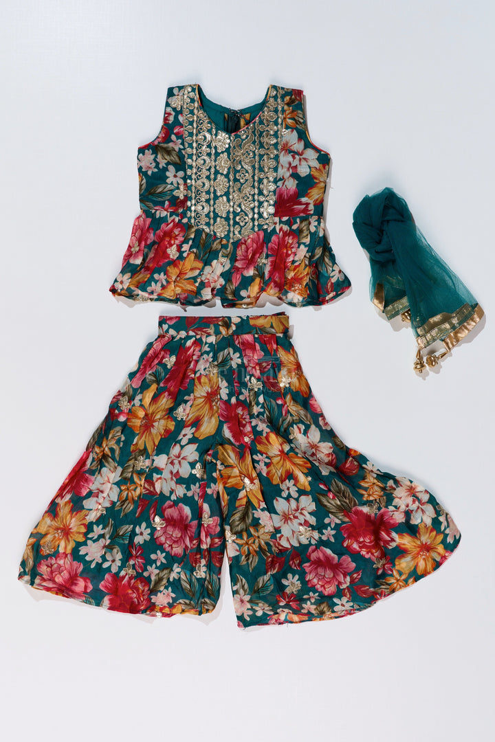 The Nesavu Girls Sharara / Plazo Set Girls Sharara Plazo Set in Floral Georgette with Foil Embroidery and Dupatta Nesavu Girls Sharara Plazo Set Floral Georgette Print Foil Embroidery | The Nesavu