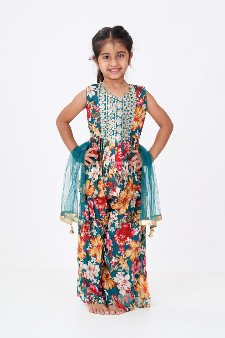 The Nesavu Girls Sharara / Plazo Set Girls Sharara Plazo Set in Floral Georgette with Foil Embroidery and Dupatta Nesavu Girls Sharara Plazo Set Floral Georgette Print Foil Embroidery | The Nesavu