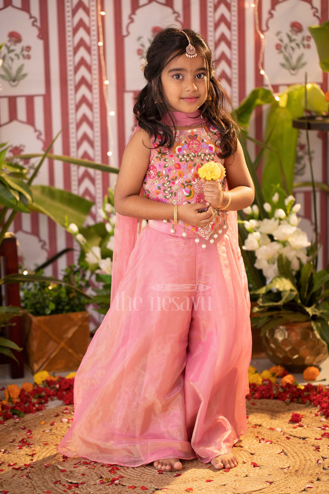 The Nesavu Girls Sharara / Plazo Set Girls Sharara Plazo Set in Pink Georgette with Embroidered Top and Tassels for Festive Occasions Nesavu 24 (5Y) / Pink GPS419A-24 Nesavu Girls Pink Georgette Sharara Plazo Set Embroidered Top Tassels Festive Celebrations