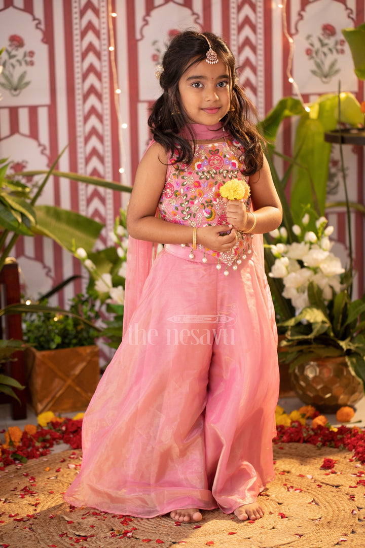 The Nesavu Girls Sharara / Plazo Set Girls Sharara Plazo Set in Pink Georgette with Embroidered Top and Tassels for Festive Occasions Nesavu 24 (5Y) / Pink GPS419A-24 Nesavu Girls Pink Georgette Sharara Plazo Set Embroidered Top Tassels Festive Celebrations