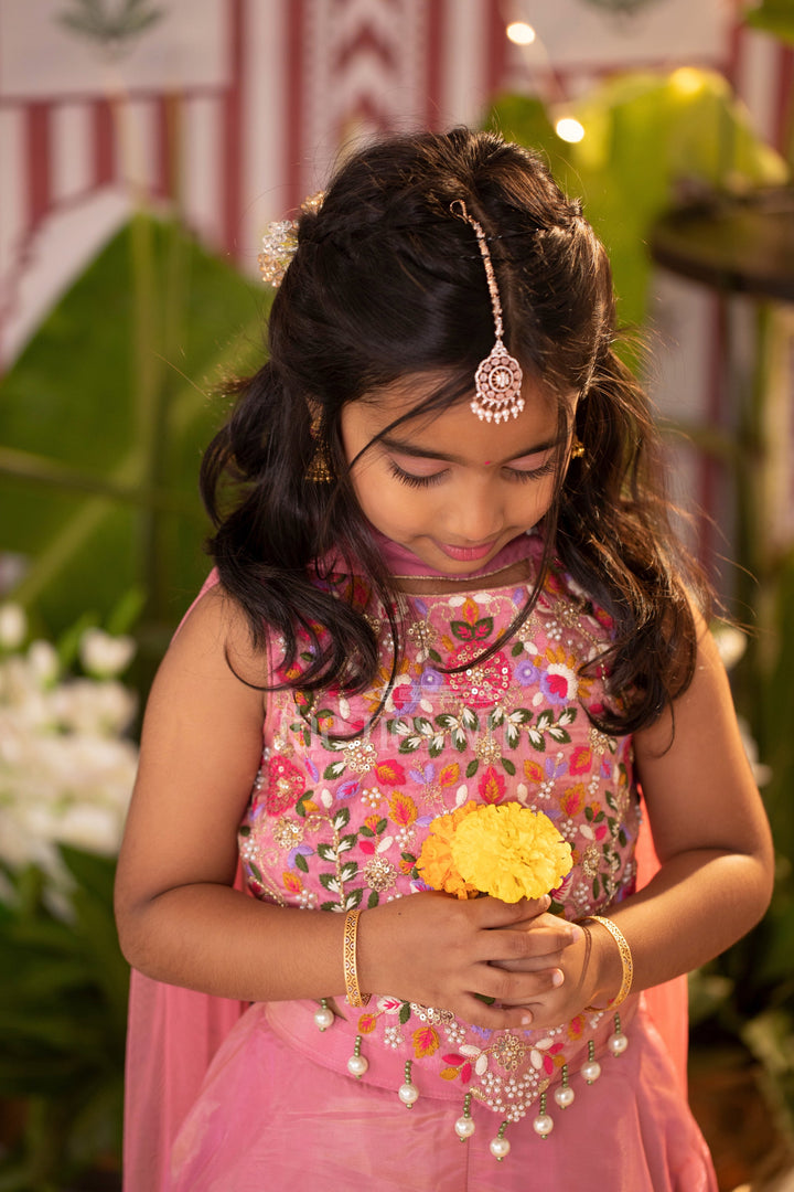 The Nesavu Girls Sharara / Plazo Set Girls Sharara Plazo Set in Pink Georgette with Embroidered Top and Tassels for Festive Occasions Nesavu Nesavu Girls Pink Georgette Sharara Plazo Set Embroidered Top Tassels Festive Celebrations