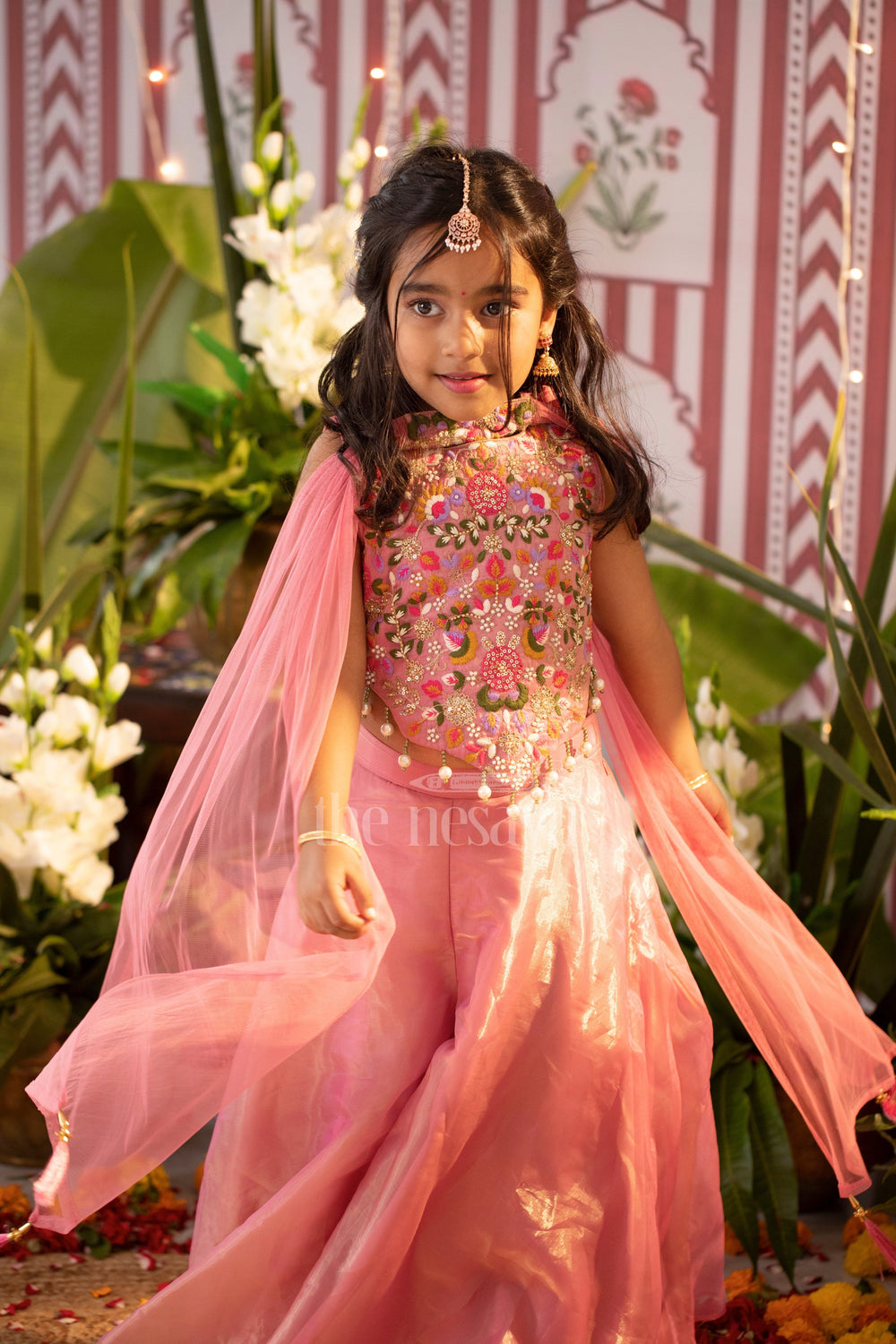 The Nesavu Girls Sharara / Plazo Set Girls Sharara Plazo Set in Pink Georgette with Embroidered Top and Tassels for Festive Occasions Nesavu Nesavu Girls Pink Georgette Sharara Plazo Set Embroidered Top Tassels Festive Celebrations