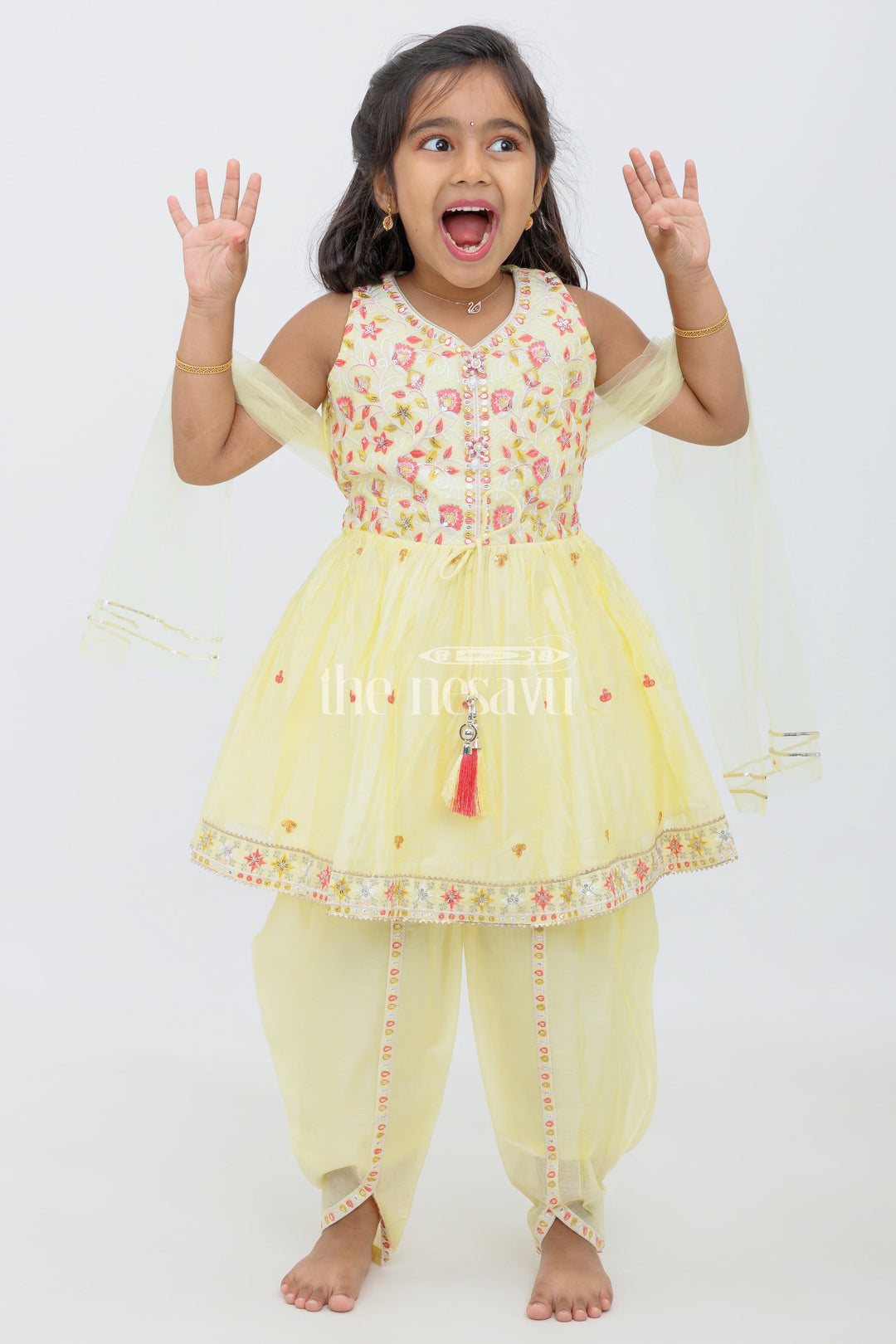 The Nesavu Girls Sharara / Plazo Set Girls Sharara Plazo Set in Yellow with Embroidered Kurti and Tassels for Festivals and Weddings Nesavu 16 (1Y) / Yellow GPS318B-16 Nesavu Girls Yellow Sharara Plazo Set Embroidered Kurti Tassels Weddings Festivals