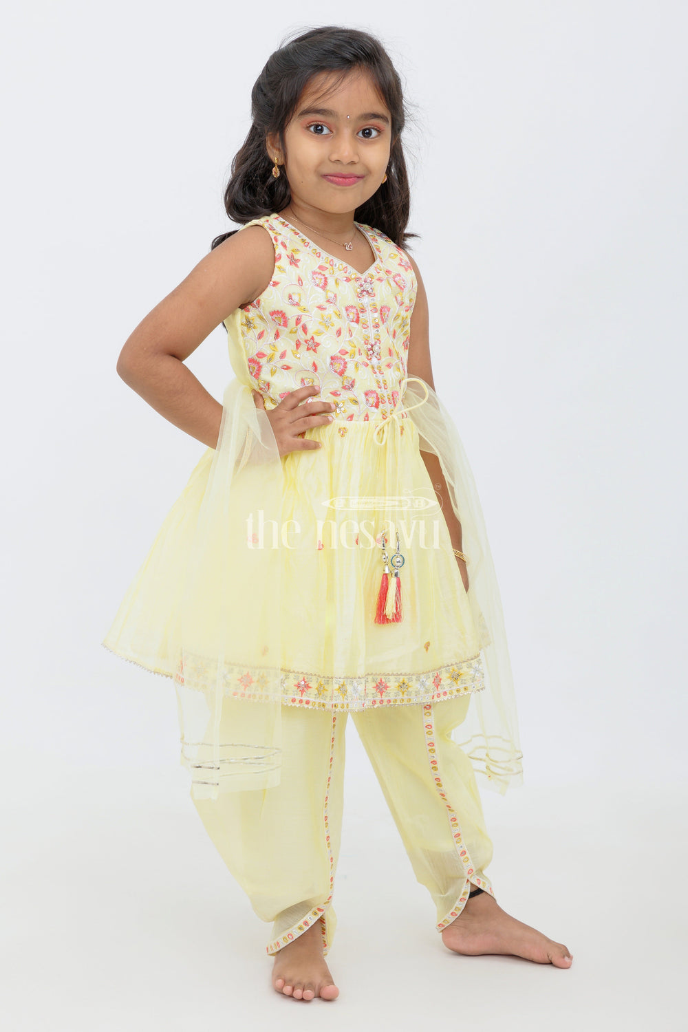 The Nesavu Girls Sharara / Plazo Set Girls Sharara Plazo Set in Yellow with Embroidered Kurti and Tassels for Festivals and Weddings Nesavu Nesavu Girls Yellow Sharara Plazo Set Embroidered Kurti Tassels Weddings Festivals