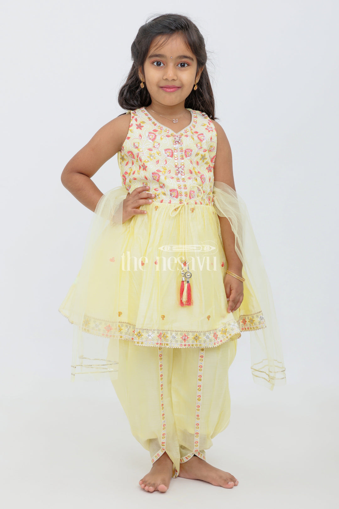 The Nesavu Girls Sharara / Plazo Set Girls Sharara Plazo Set in Yellow with Embroidered Kurti and Tassels for Festivals and Weddings Nesavu Nesavu Girls Yellow Sharara Plazo Set Embroidered Kurti Tassels Weddings Festivals