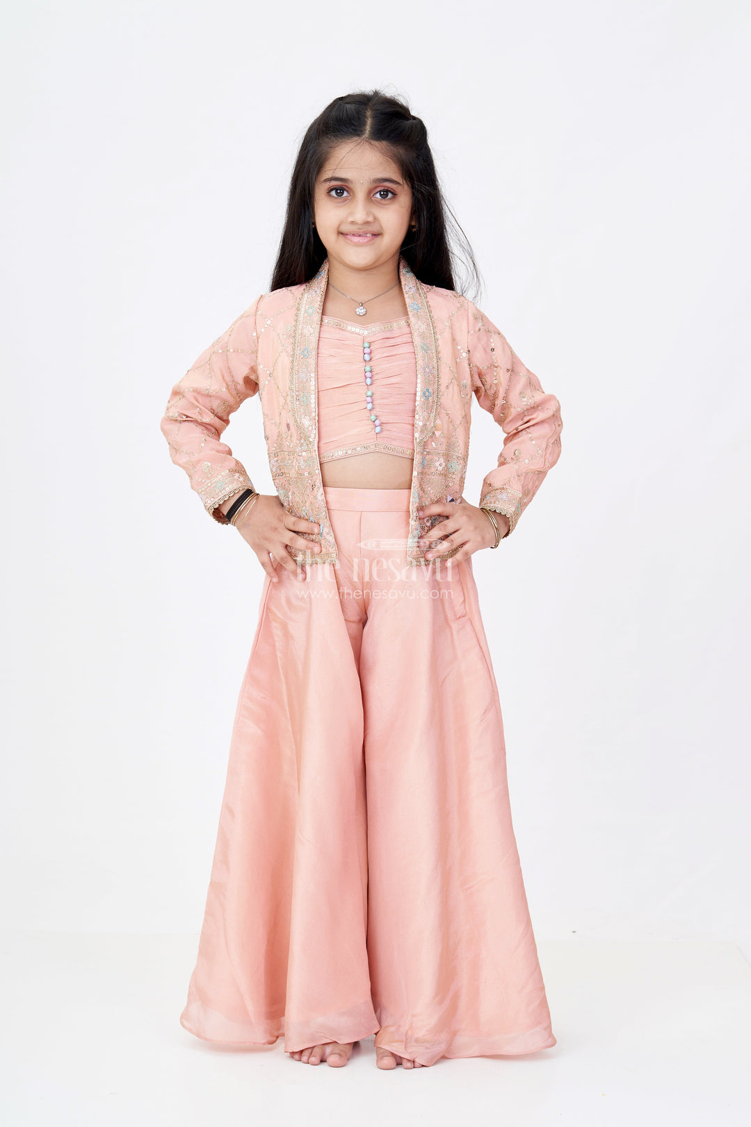 The Nesavu Girls Sharara / Plazo Set Girls Sharara Plazo Set with Embellished Jacket and Flowy Pants in Peach Nesavu 24 (5Y) / Peach GPS546A-24 Girls Peach Sharara Plazo Set Embellished Jacket Flowy Pants | The Nesavu
