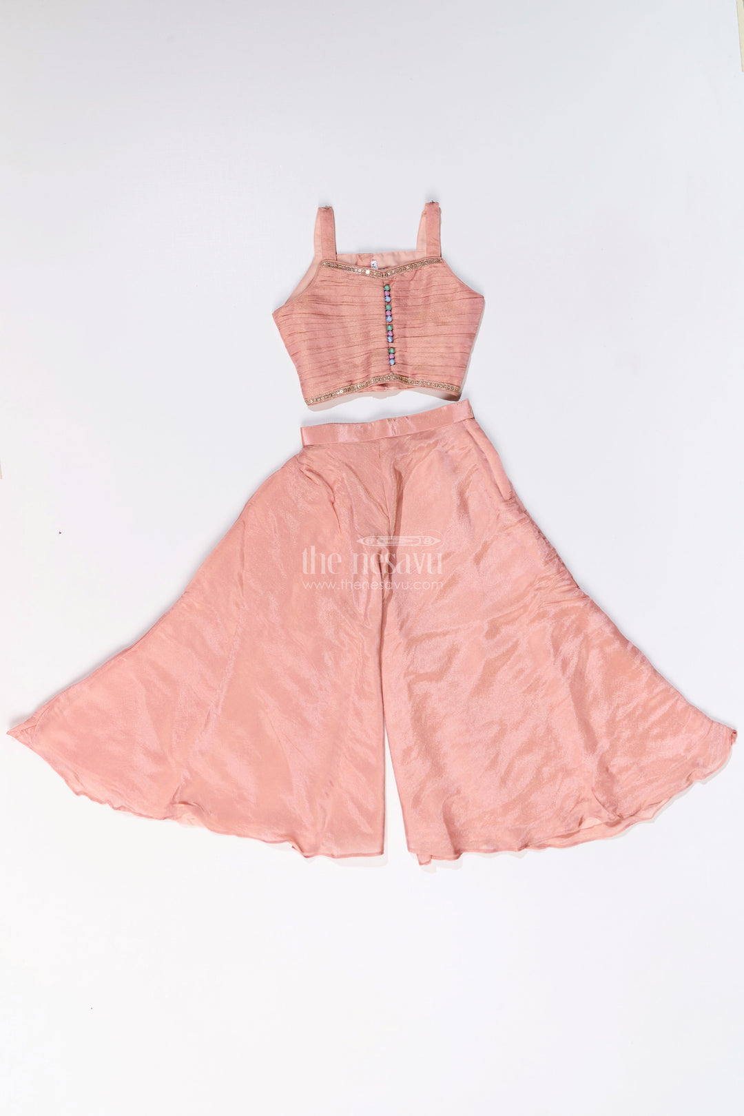 The Nesavu Girls Sharara / Plazo Set Girls Sharara Plazo Set with Embellished Jacket and Flowy Pants in Peach Nesavu Girls Peach Sharara Plazo Set Embellished Jacket Flowy Pants | The Nesavu