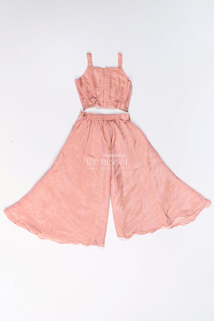 The Nesavu Girls Sharara / Plazo Set Girls Sharara Plazo Set with Embellished Jacket and Flowy Pants in Peach Nesavu Girls Peach Sharara Plazo Set Embellished Jacket Flowy Pants | The Nesavu