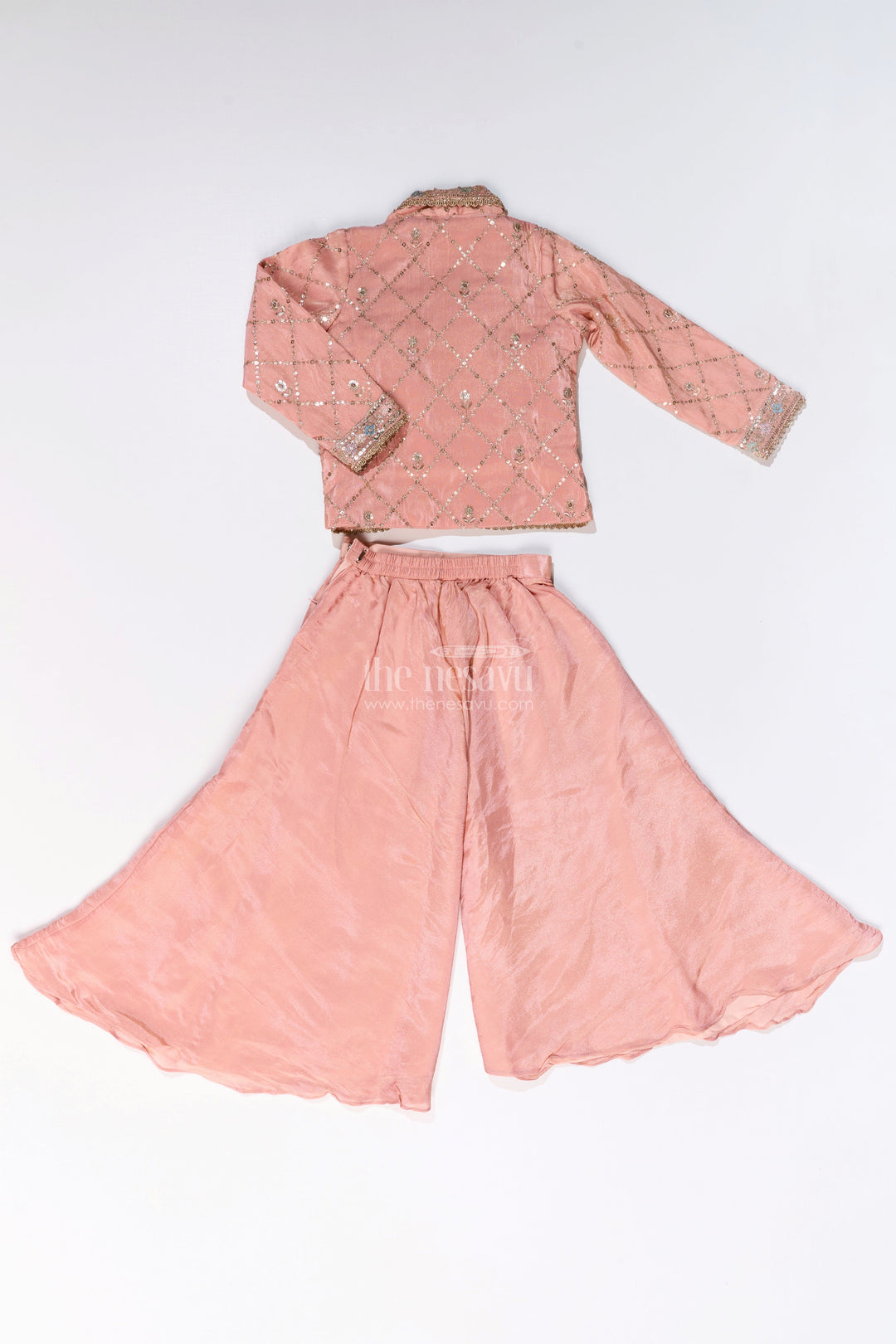The Nesavu Girls Sharara / Plazo Set Girls Sharara Plazo Set with Embellished Jacket and Flowy Pants in Peach Nesavu Girls Peach Sharara Plazo Set Embellished Jacket Flowy Pants | The Nesavu