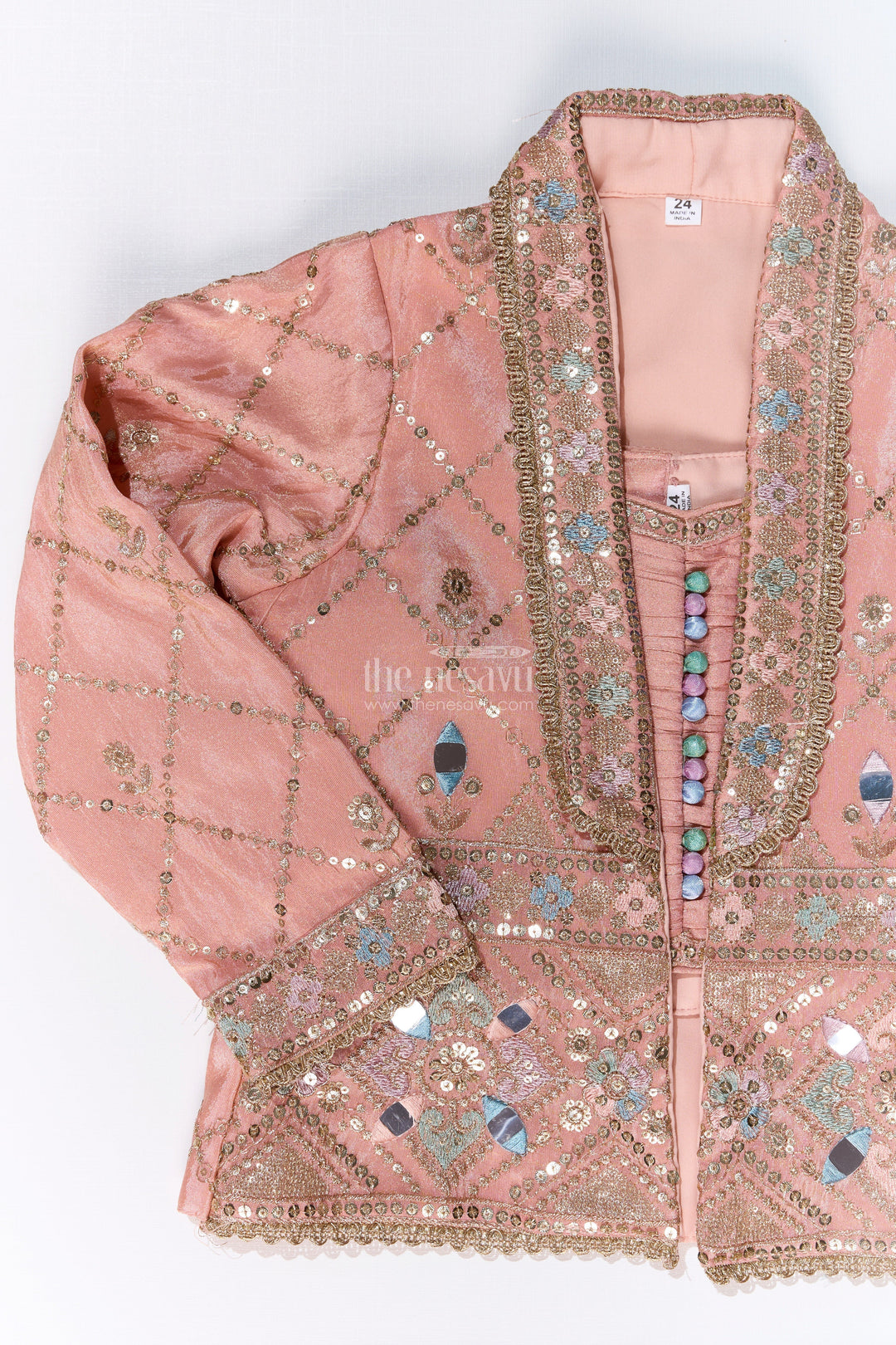 The Nesavu Girls Sharara / Plazo Set Girls Sharara Plazo Set with Embellished Jacket and Flowy Pants in Peach Nesavu Girls Peach Sharara Plazo Set Embellished Jacket Flowy Pants | The Nesavu