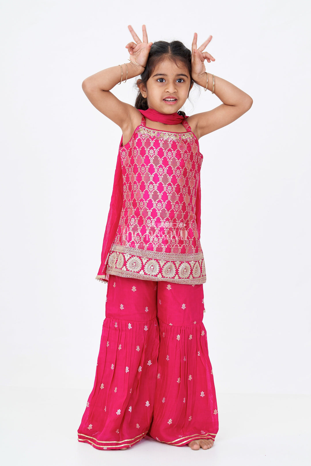 The Nesavu Girls Sharara / Plazo Set Girls Sharara Salwar Suit in Georgette with Zari Border and Sequin Embroidered Strappy Top and Dupatta Nesavu 16 (1Y) / Pink GPS560A-16 Girls Sharara Salwar Suit Georgette Sequin Embroidery Zari Bordered Dupatta | The Nesavu