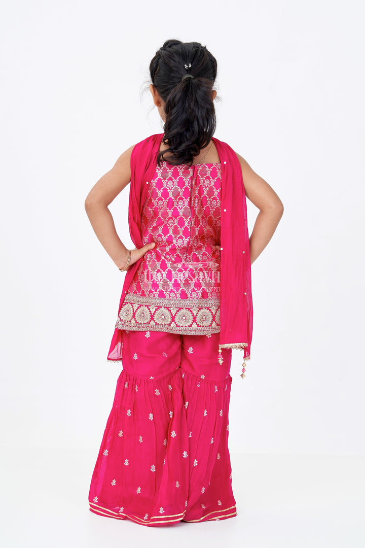 The Nesavu Girls Sharara / Plazo Set Girls Sharara Salwar Suit in Georgette with Zari Border and Sequin Embroidered Strappy Top and Dupatta Nesavu Girls Sharara Salwar Suit Georgette Sequin Embroidery Zari Bordered Dupatta | The Nesavu