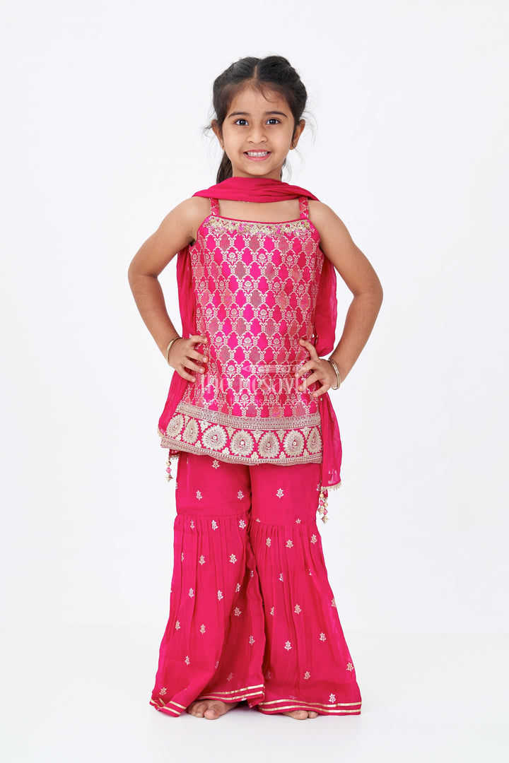 The Nesavu Girls Sharara / Plazo Set Girls Sharara Salwar Suit in Georgette with Zari Border and Sequin Embroidered Strappy Top and Dupatta Nesavu Girls Sharara Salwar Suit Georgette Sequin Embroidery Zari Bordered Dupatta | The Nesavu