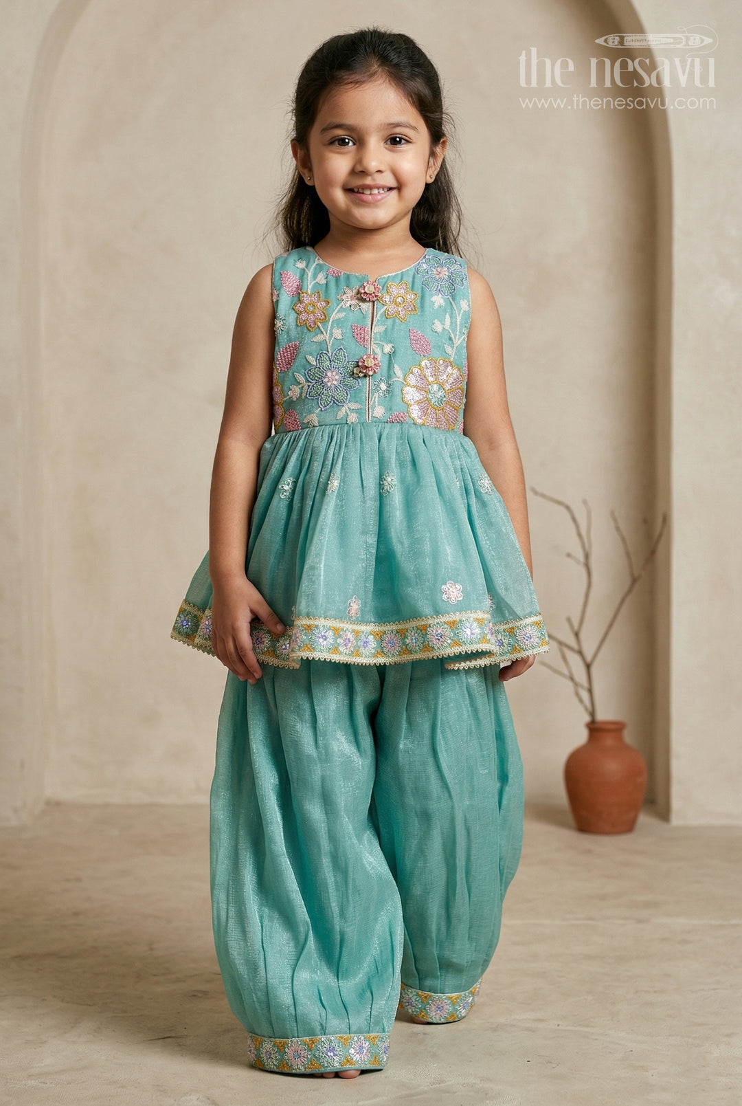 The Nesavu Girls Sharara / Plazo Set Girls Sharara Set for Celebrations and Festive Occasions Nesavu 16 (1Y) / Turquoise / Crushed tissue GPS1033A-16 Nesavu Girls Sharara Set For Festive Occasions With Crushed Tissue Blend Silk And Thread Embroidery Design