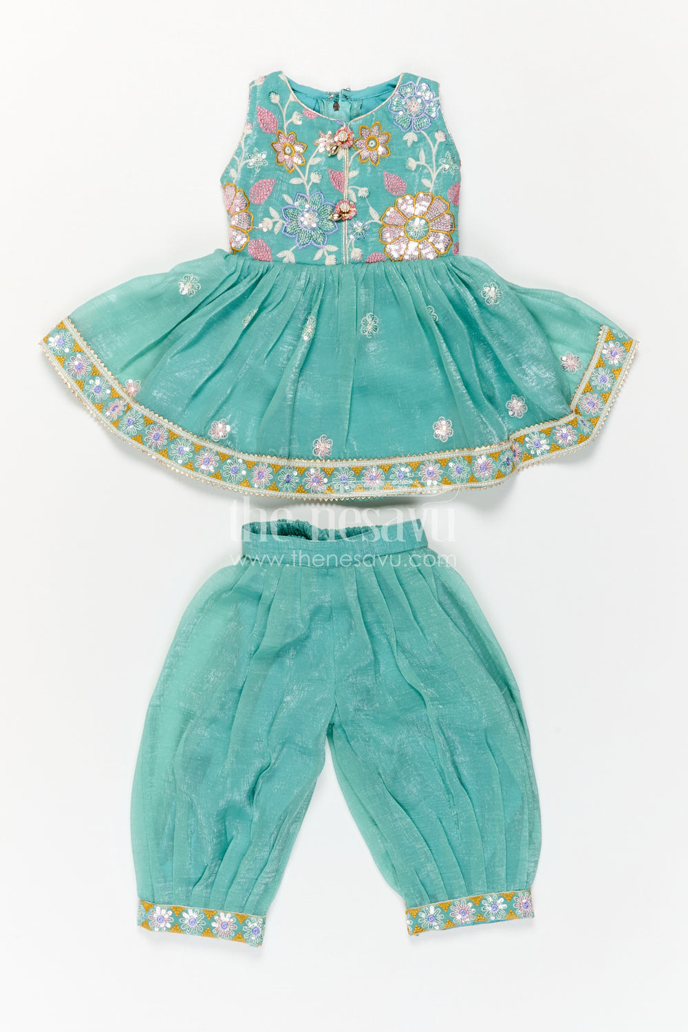 The Nesavu Girls Sharara / Plazo Set Girls Sharara Set for Celebrations and Festive Occasions Nesavu Nesavu Girls Sharara Set For Festive Occasions With Crushed Tissue Blend Silk And Thread Embroidery Design