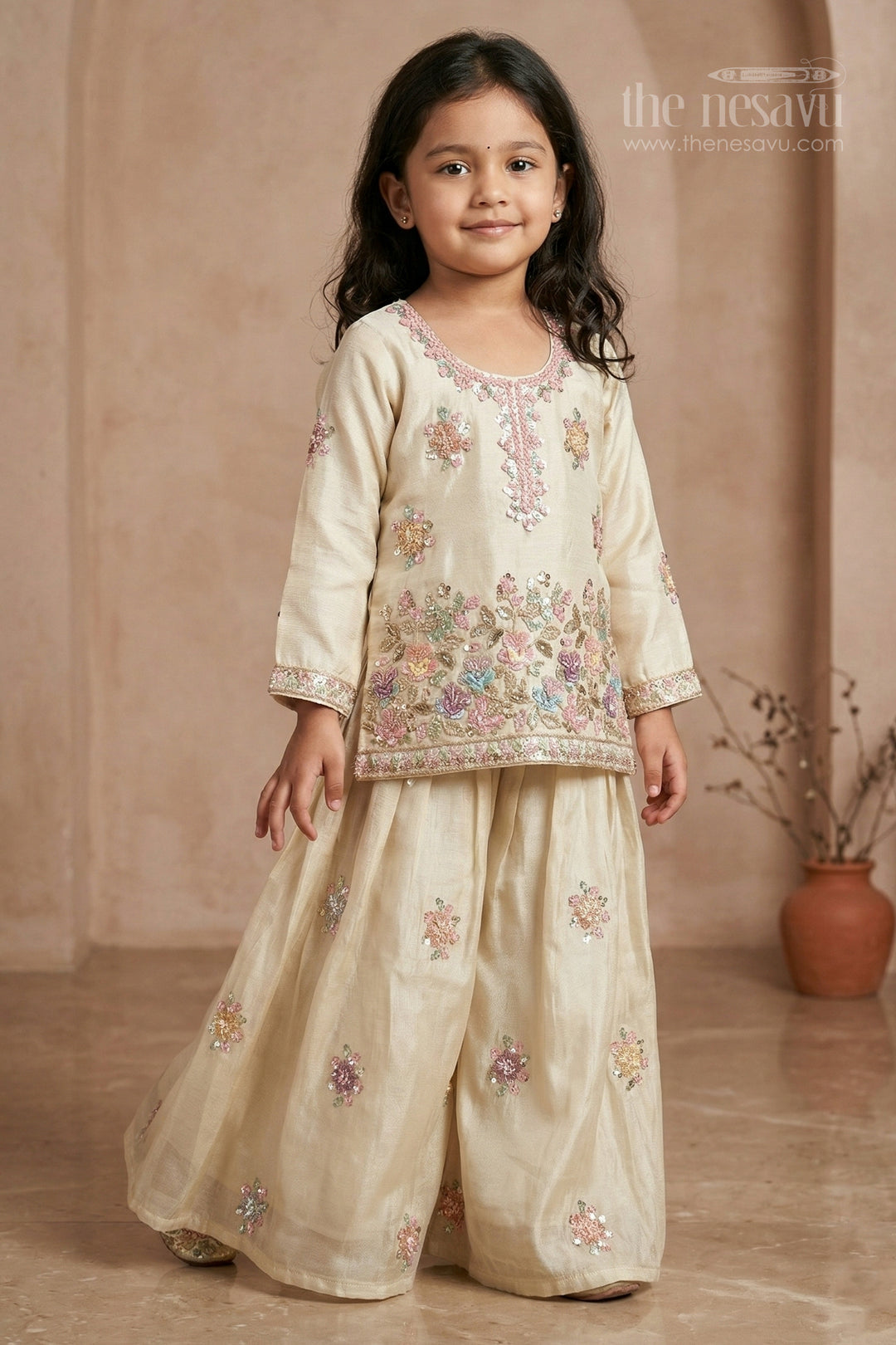 The Nesavu Girls Sharara / Plazo Set Girls Sharara Set for Diwali and Celebrations Nesavu 18 (2Y) / Cream / Viscose Silk GPS994A-18 Nesavu girls sharara set for weddings and festive celebrations viscose silk outfit with designer embroidery
