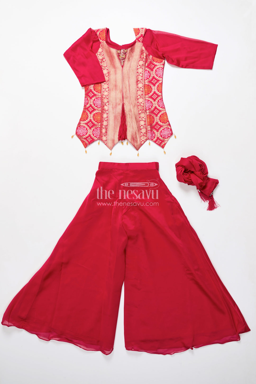 The Nesavu Girls Sharara / Plazo Set Girls Sharara Set for Diwali and Ethnic Family Gatherings Nesavu Nesavu girls red sharara set in viscose silk with brocade yoke perfect for Diwali and festive gatherings
