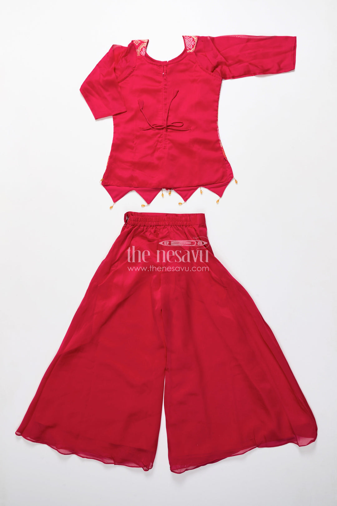 The Nesavu Girls Sharara / Plazo Set Girls Sharara Set for Diwali and Ethnic Family Gatherings Nesavu Nesavu girls red sharara set in viscose silk with brocade yoke perfect for Diwali and festive gatherings