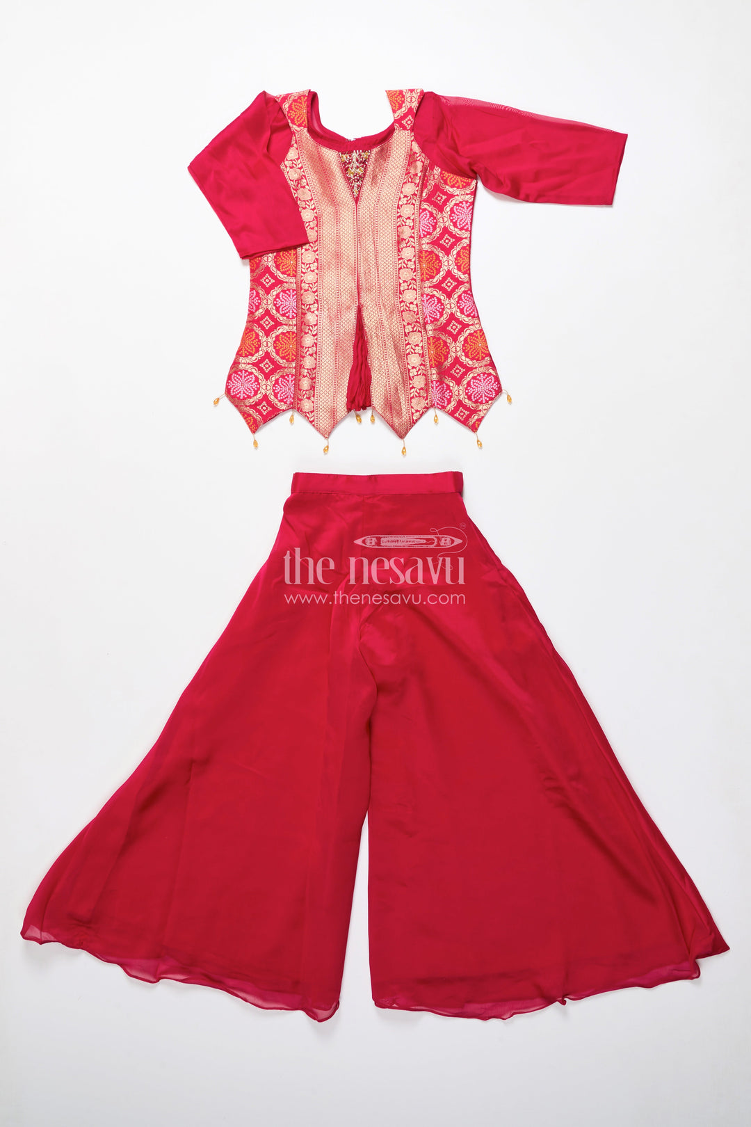 The Nesavu Girls Sharara / Plazo Set Girls Sharara Set for Diwali and Ethnic Family Gatherings Nesavu Nesavu girls red sharara set in viscose silk with brocade yoke perfect for Diwali and festive gatherings
