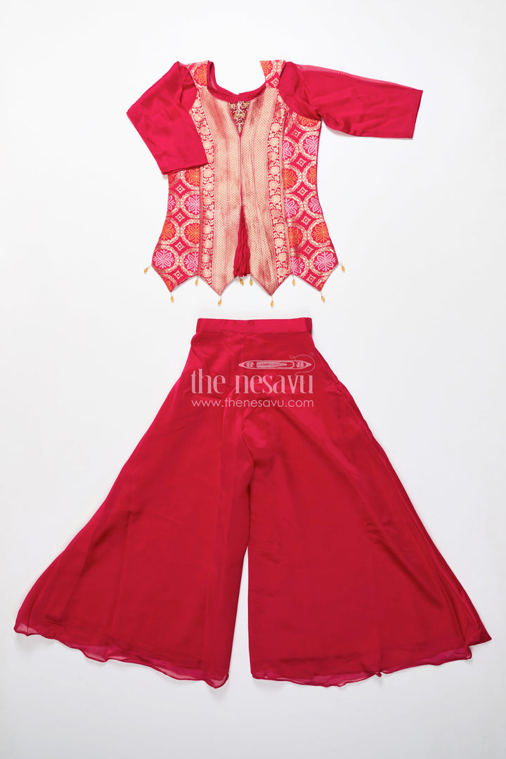 The Nesavu Girls Sharara / Plazo Set Girls Sharara Set for Diwali and Ethnic Family Gatherings Nesavu Nesavu girls red sharara set in viscose silk with brocade yoke perfect for Diwali and festive gatherings