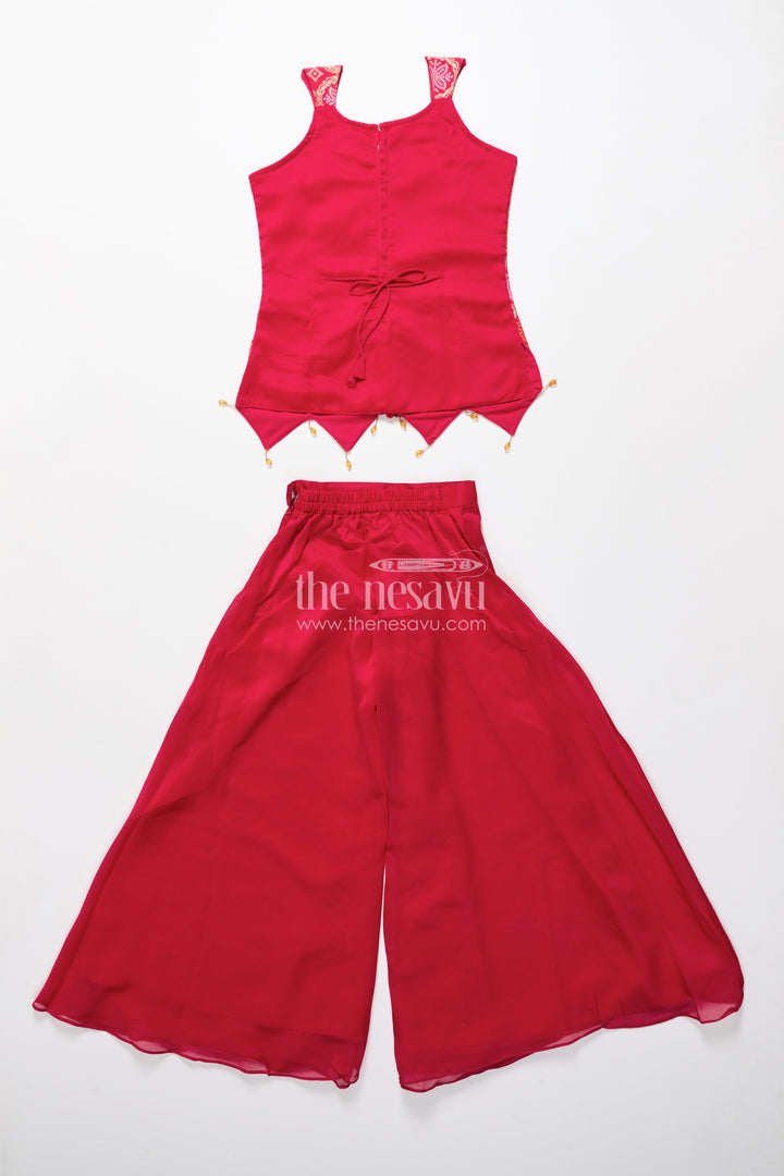 The Nesavu Girls Sharara / Plazo Set Girls Sharara Set for Diwali and Ethnic Family Gatherings Nesavu Nesavu girls red sharara set in viscose silk with brocade yoke perfect for Diwali and festive gatherings