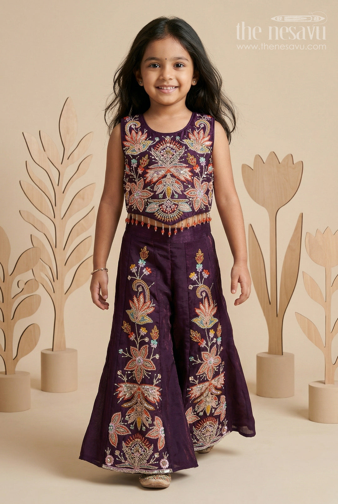 The Nesavu Girls Sharara / Plazo Set Girls Sharara Set for Diwali and Pongal Events Nesavu 18 (2Y) / Purple / Organza GPS1001D-18 Nesavu girls organza sharara set with designer embroidery for weddings and festive occasions