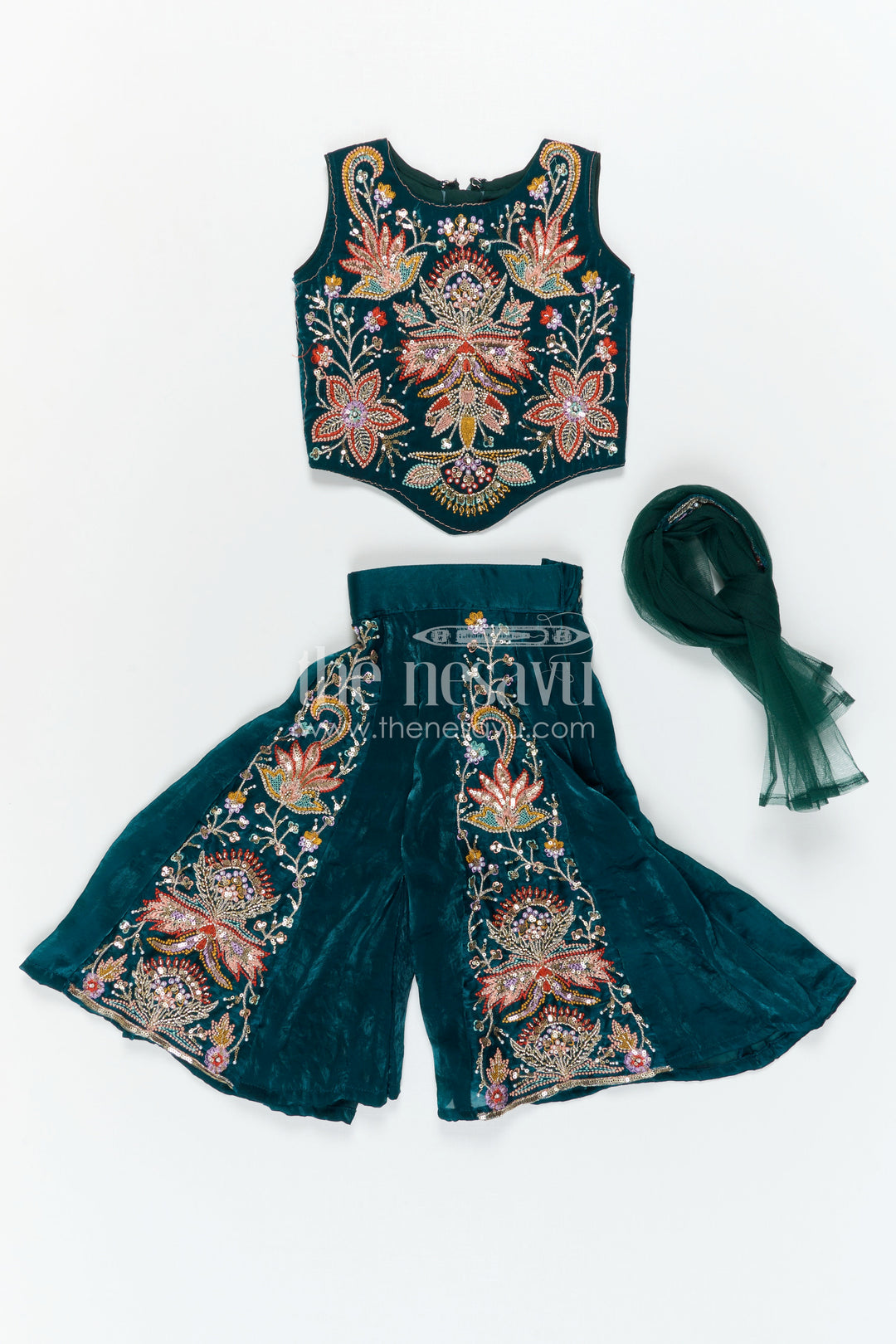 The Nesavu Girls Sharara / Plazo Set Girls Sharara Set for Diwali and Pongal Events Nesavu Nesavu girls organza sharara set with designer embroidery for weddings and festive occasions