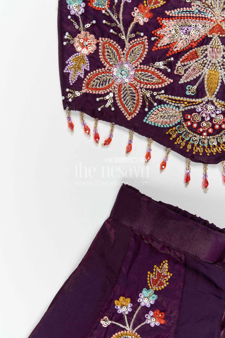 The Nesavu Girls Sharara / Plazo Set Girls Sharara Set for Diwali and Pongal Events Nesavu Nesavu girls organza sharara set with designer embroidery for weddings and festive occasions